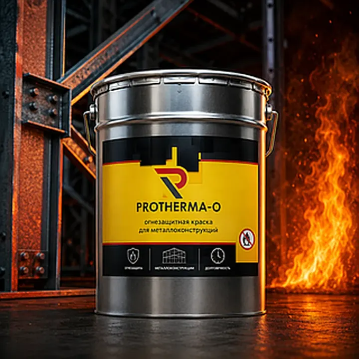 Огнезащитная краска Protherma O на фоне стальной колонны и огня